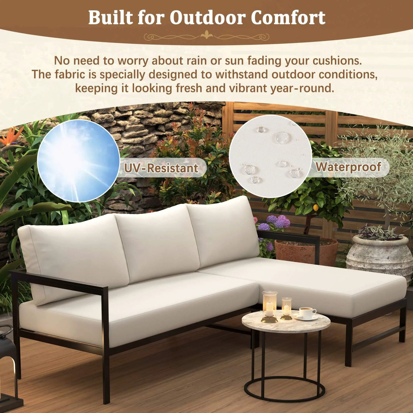 Outdoor 3-Person L-Shaped Patio Sofa With Iron Frame And Thick Cushions [No Coffee Table] (SAK70213) by SAKSBY WHOLESALE