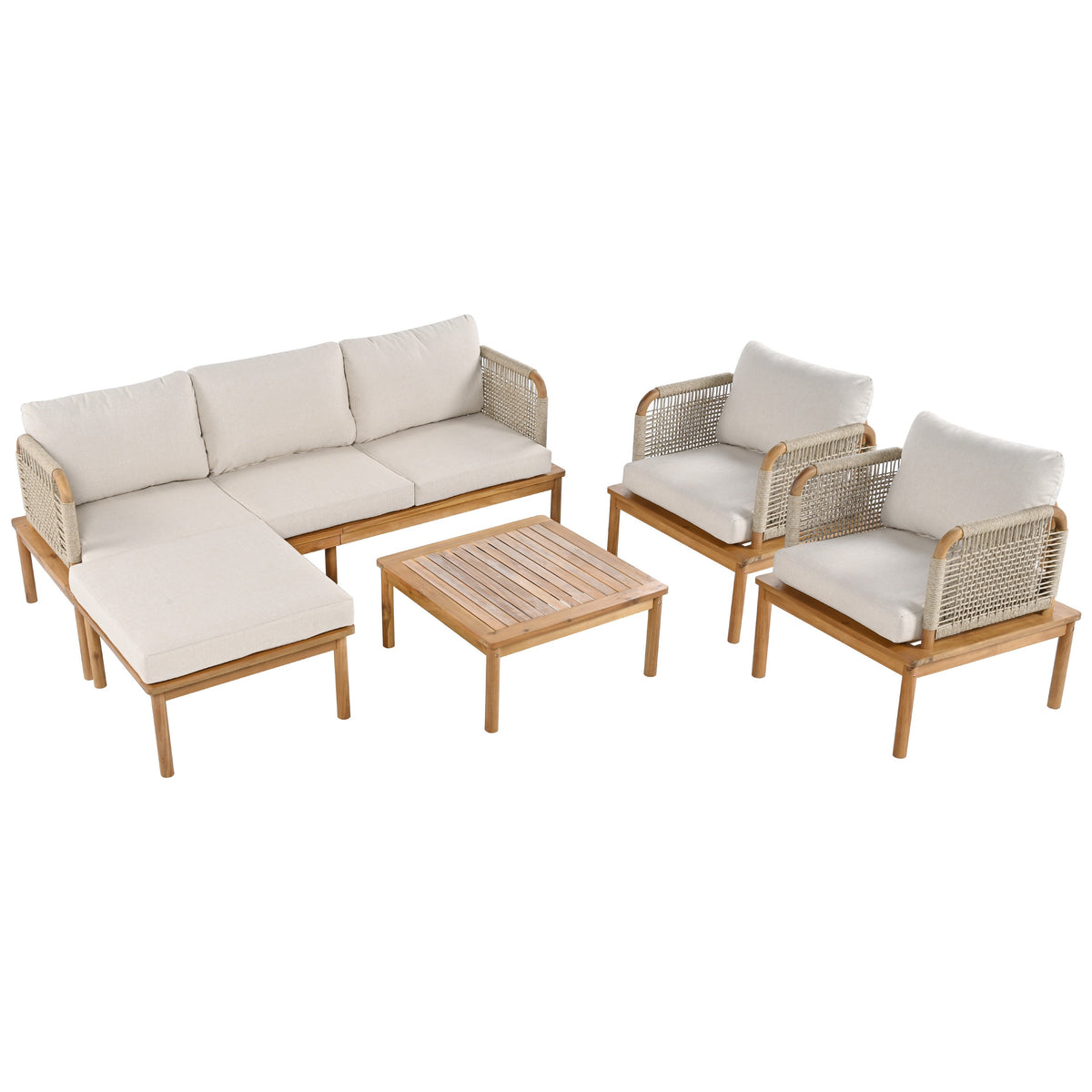 Outdoor 5-Piece Acacia Wood Patio Sofa Set with Rope Weave - Teak & Beige