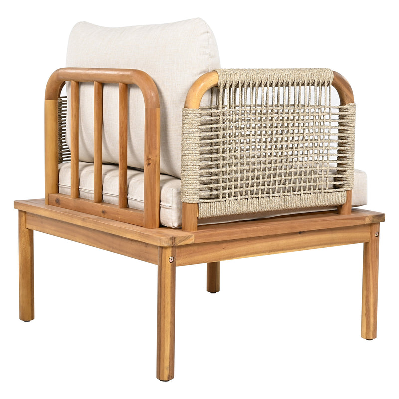 Outdoor 5-Piece Acacia Wood Patio Sofa Set with Rope Weave - Teak & Beige, photo 12 of 16