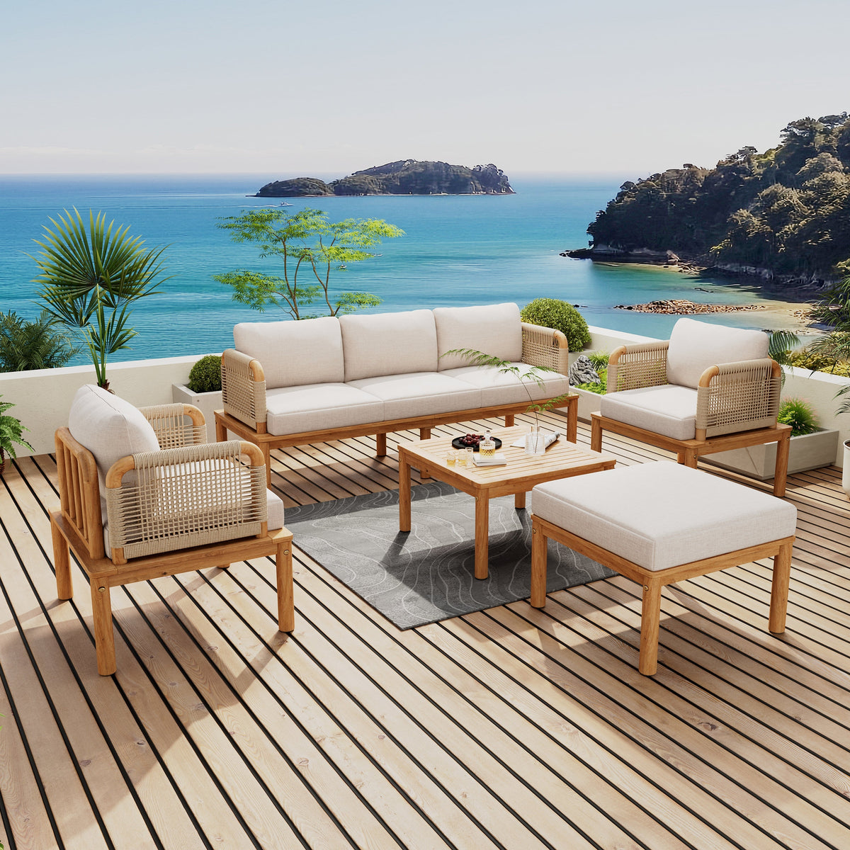 Outdoor 5-Piece Acacia Wood Patio Sofa Set with Rope Weave - Teak & Beige, photo 3 of 16