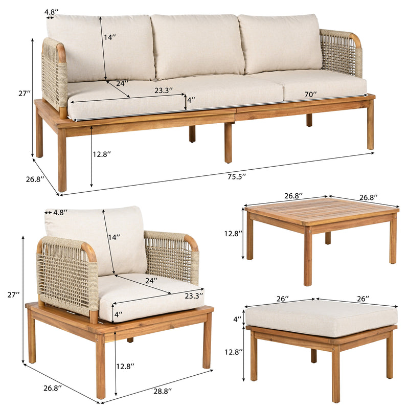 Outdoor 5-Piece Acacia Wood Patio Sofa Set with Rope Weave - Teak & Beige, photo 8 of 16