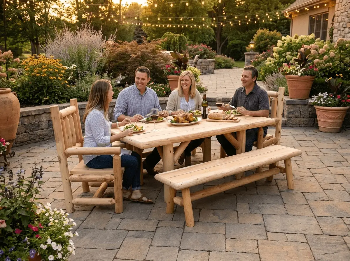 Outdoor Farmhouse Patio Table and Chairs by Cedar Creek Rustic Furniture