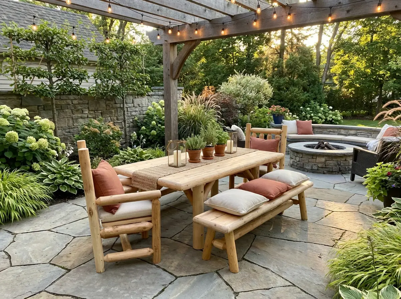 Outdoor Farmhouse Patio Table and Chairs by Cedar Creek Rustic Furniture