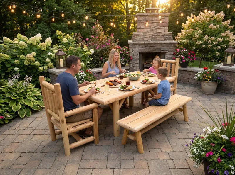 Outdoor Farmhouse Patio Table and Chairs by Cedar Creek Rustic Furniture