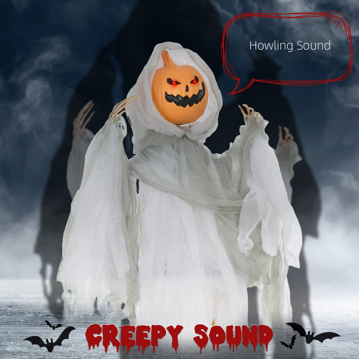 Outdoor Halloween Hanging Pumpkin Ghost with Light-Up Eyes and Sound - Orange, photo 3 of 6