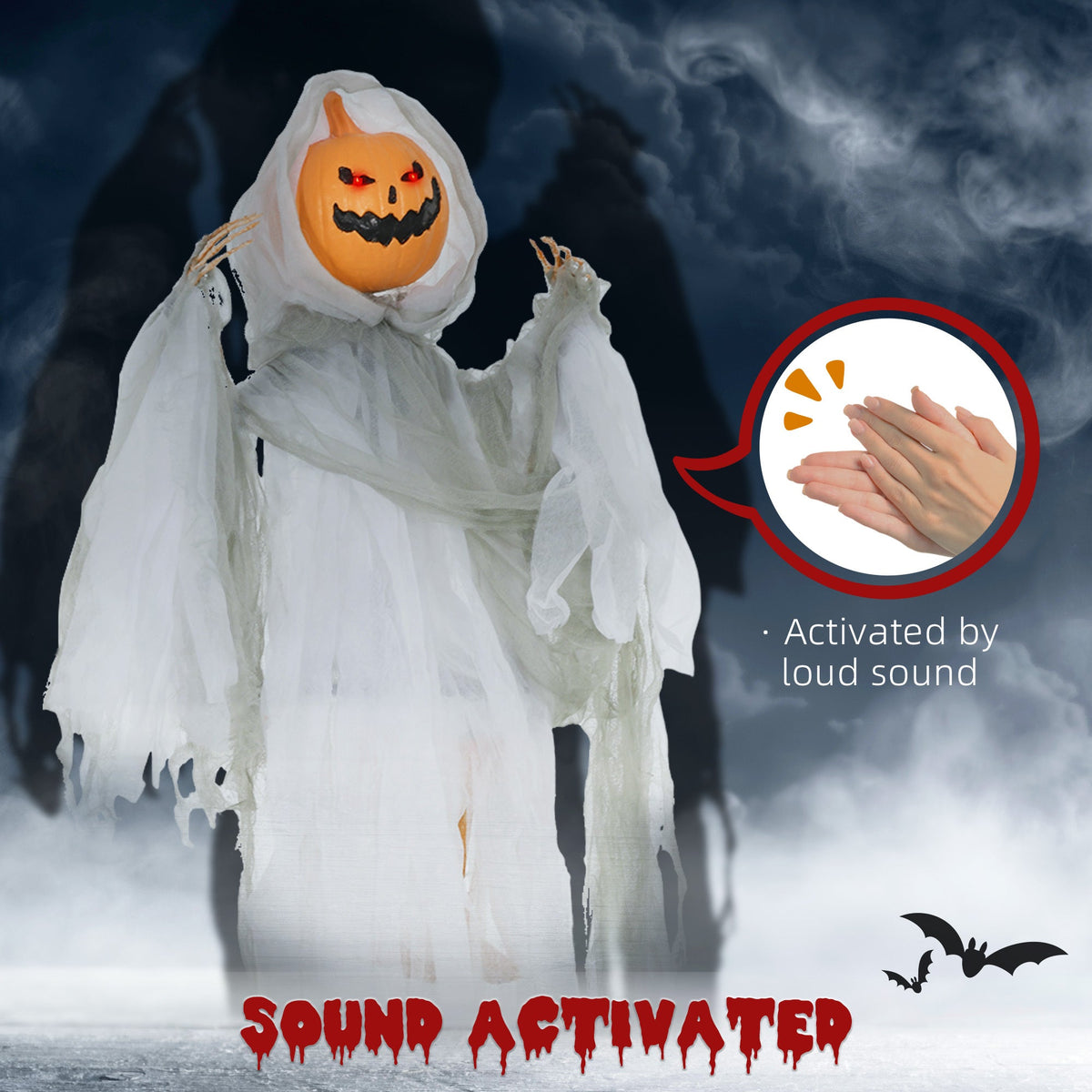 Outdoor Halloween Hanging Pumpkin Ghost with Light-Up Eyes and Sound - Orange, photo 6 of 6
