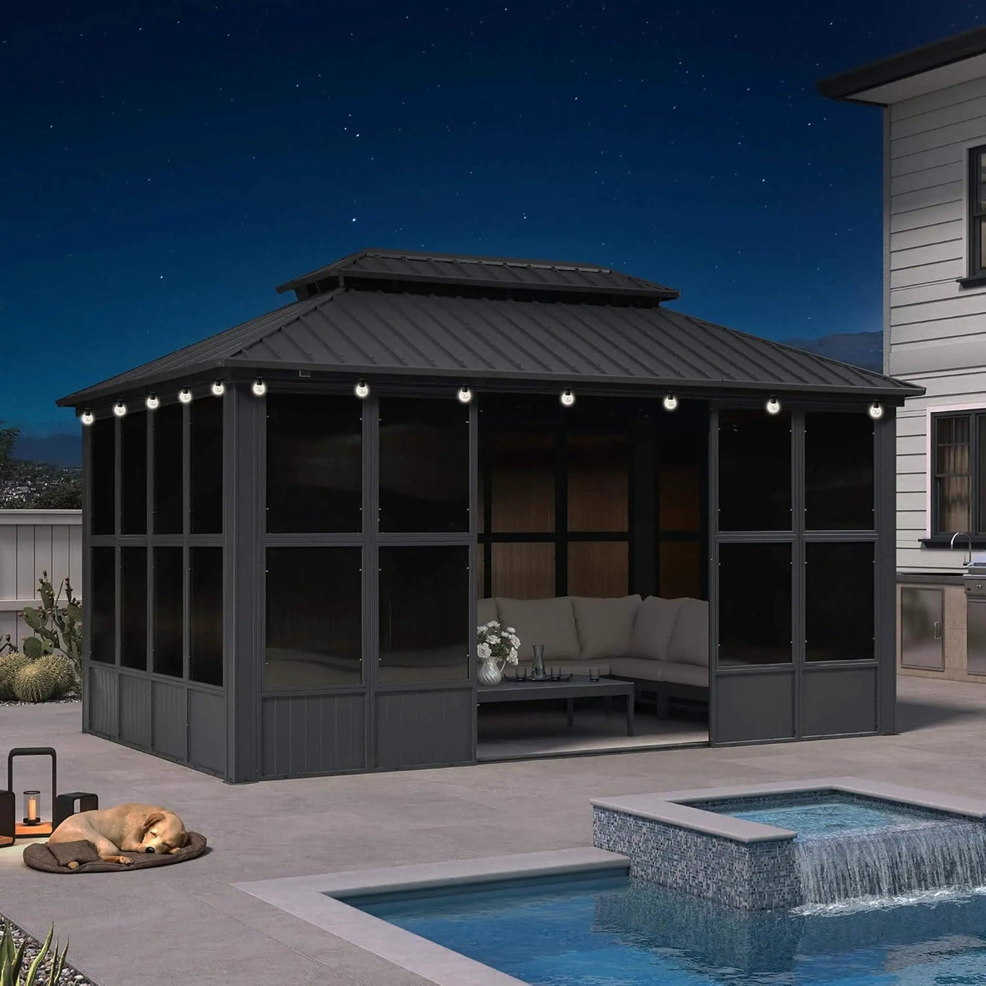 Alora Vista Outdoor Hardtop Aluminum Solarium With Double Roof And LED Lights (SAK42086) by SAKSBY WHOLESALE