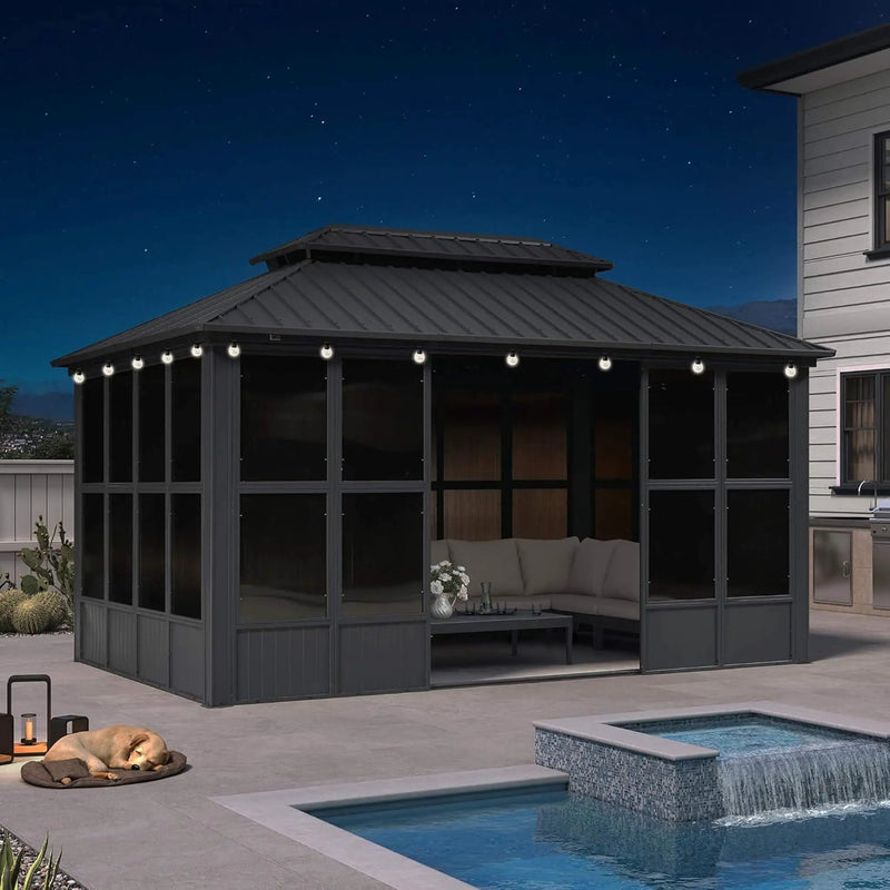 Alora Vista Outdoor Hardtop Aluminum Solarium With Double Roof And LED Lights (SAK42086) by SAKSBY WHOLESALE