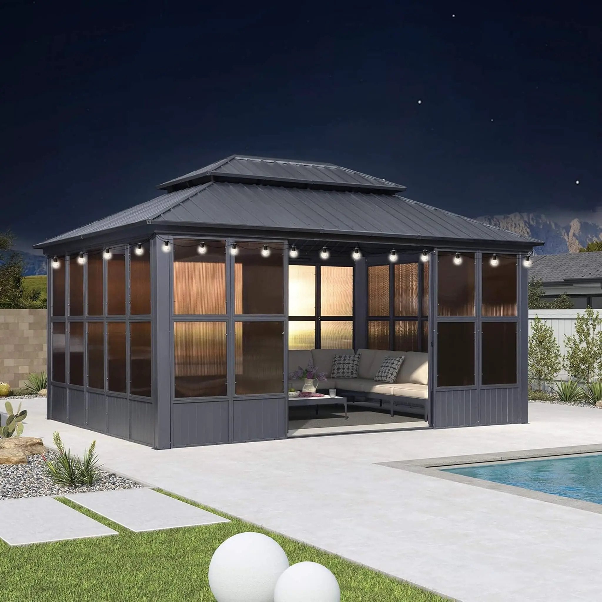 Alora Vista Outdoor Hardtop Aluminum Solarium With Double Roof And LED Lights (SAK42086) by SAKSBY WHOLESALE
