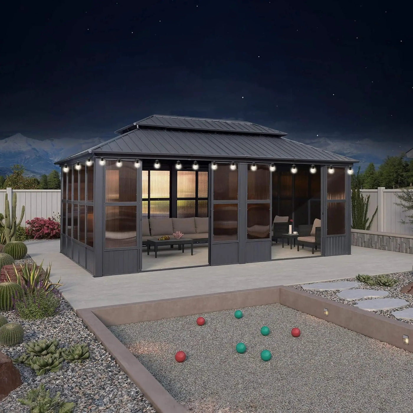 Alora Vista Outdoor Hardtop Aluminum Solarium With Double Roof And LED Lights (SAK42086) by SAKSBY WHOLESALE