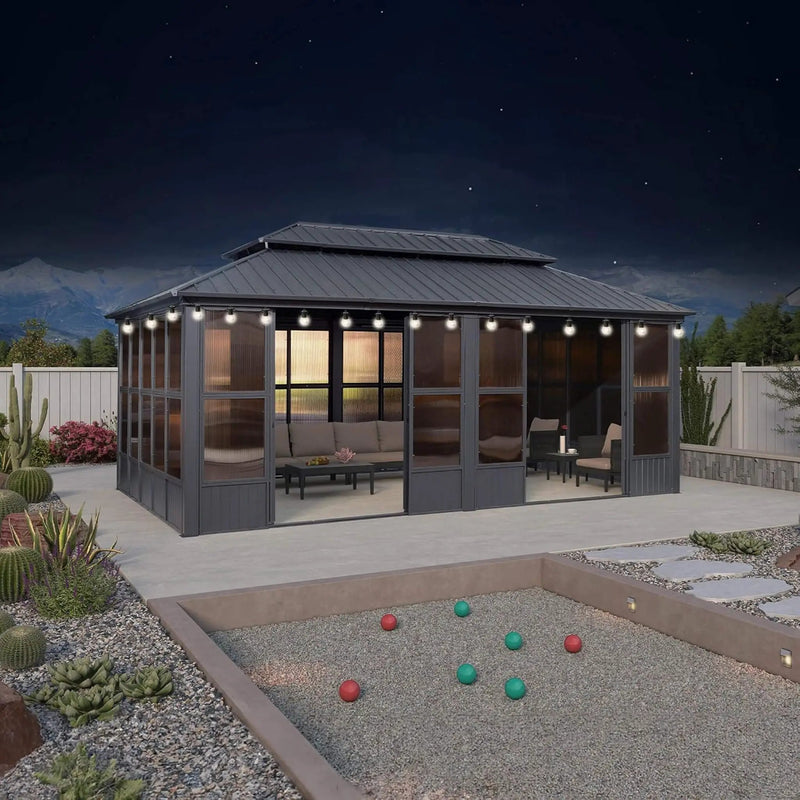 Alora Vista Outdoor Hardtop Aluminum Solarium With Double Roof And LED Lights (SAK42086) by SAKSBY WHOLESALE