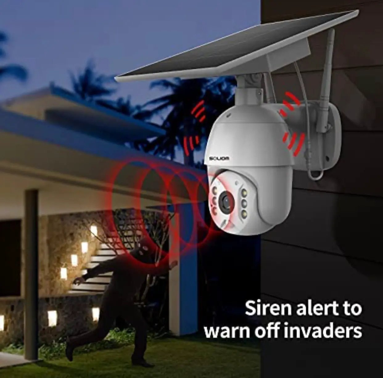 Outdoor Home Security Camera, Wireless WiFi Pan Tilt 360° View Spotlight Solar Battery Powered System, Motion Detection and Siren, Color Night Vision, 2-Way Talk, Remote by Outdoor Solar Outlet