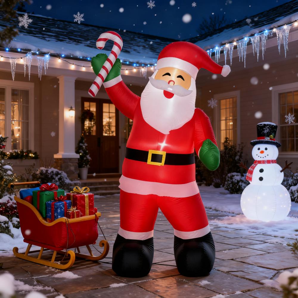 Outdoor Inflatable Santa Claus with Candy Cane, 8-Foot, LED Lights