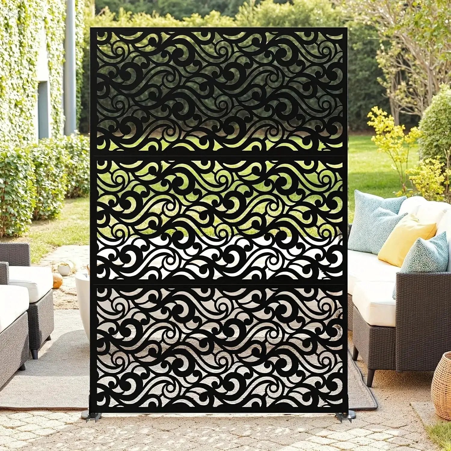 Outdoor Metal Privacy Screen 182.88cm H x 119.38cm W Freestanding Fence & Room Divider with Stand - Heavy-Duty Modern Design, Weather-Resistant Metal Panels with Pattern, Easy Assembly for Patio, Garden, Deck, Balcony, Lawn - by House Of Avana