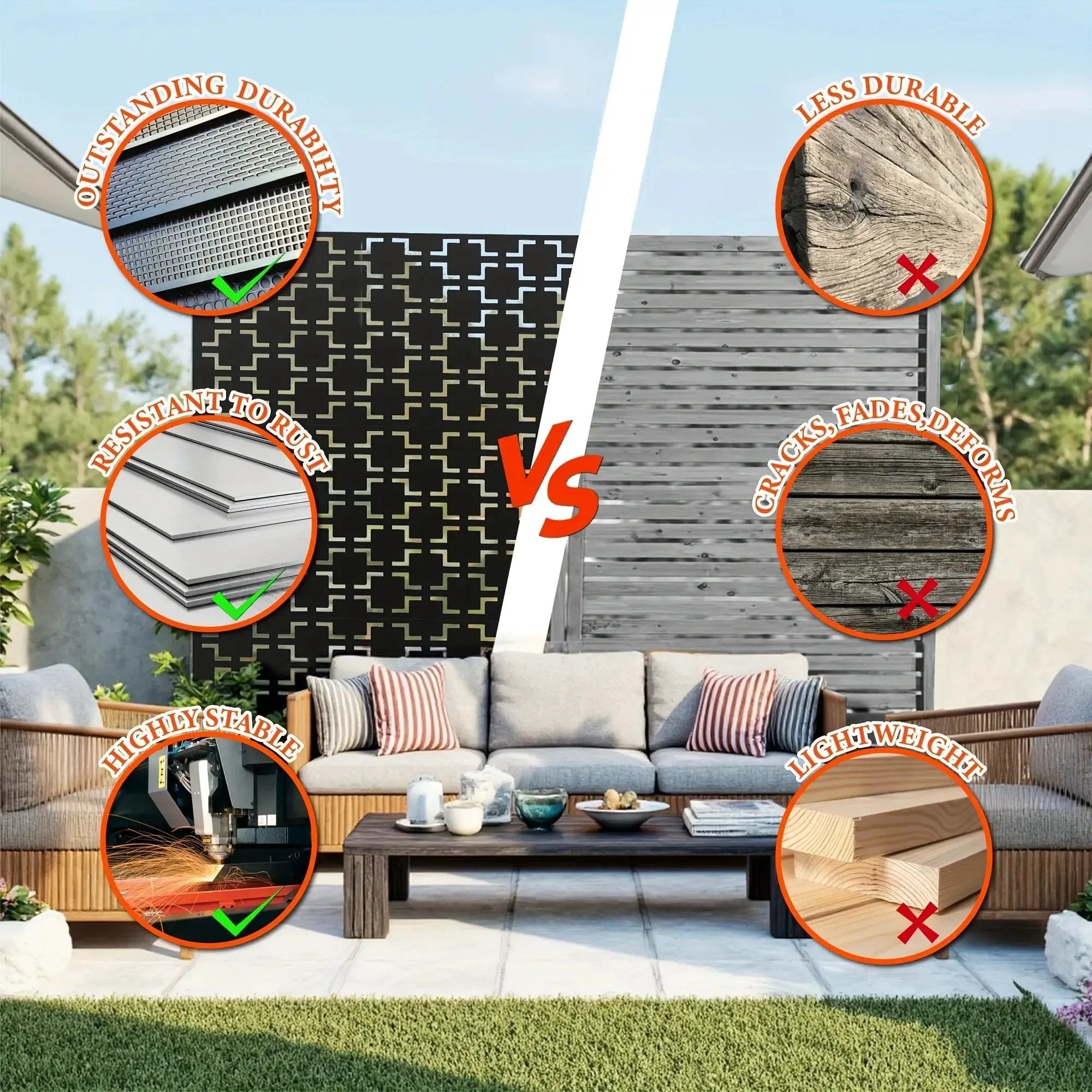 Outdoor Metal Privacy Screen 182.88cm H x 119.38cm W Freestanding Fence & Room Divider with Stand - Heavy-Duty Modern Design, Weather-Resistant Metal Panels with Pattern, Easy Assembly for Patio, Garden, Deck, Balcony, Lawn - by House Of Avana