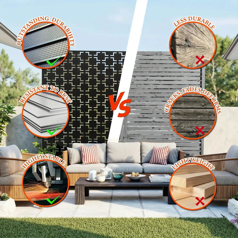 Outdoor Metal Privacy Screen 182.88cm H x 119.38cm W Freestanding Fence & Room Divider with Stand - Heavy-Duty Modern Design, Weather-Resistant Metal Panels with Pattern, Easy Assembly for Patio, Garden, Deck, Balcony, Lawn - by House Of Avana