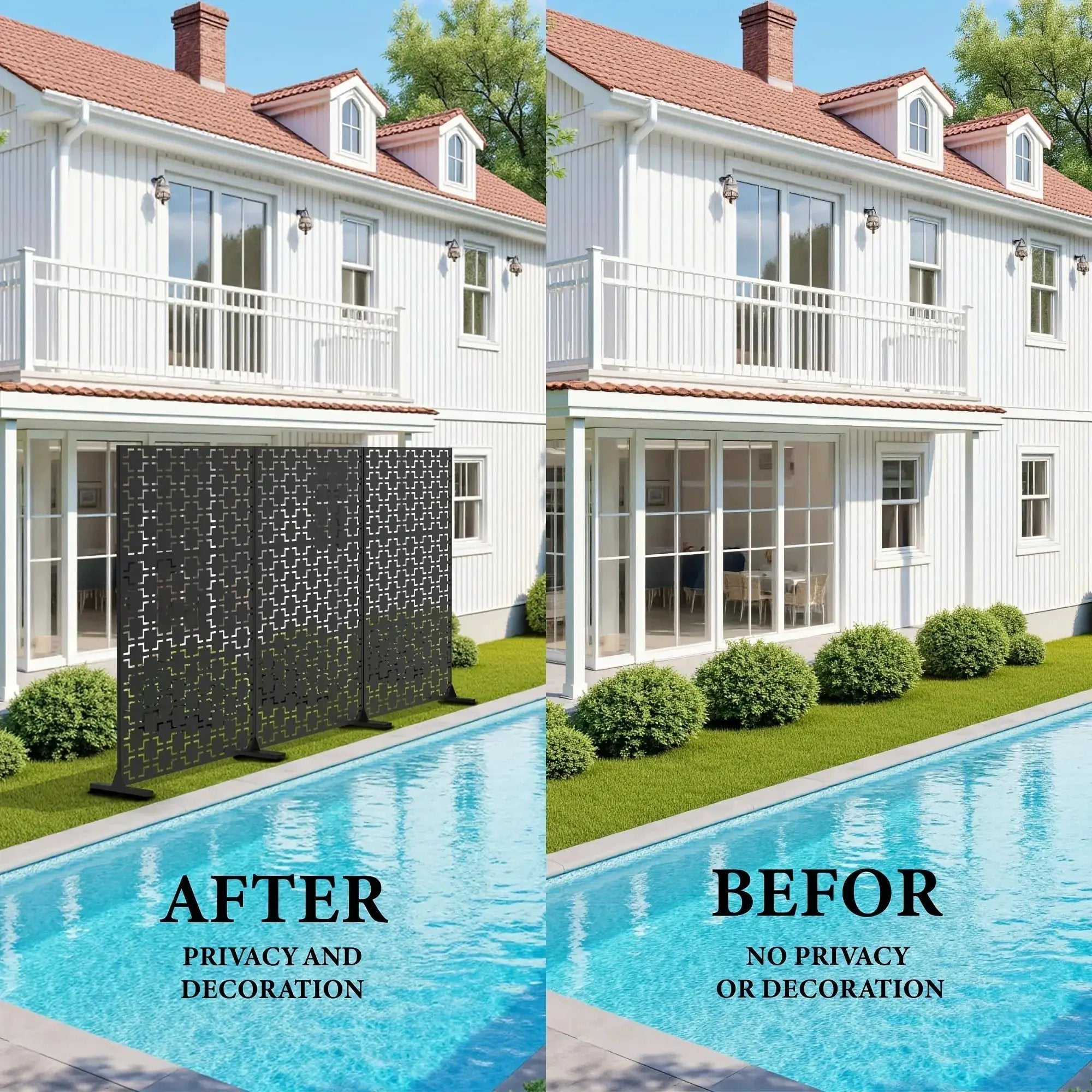 Outdoor Metal Privacy Screen 182.88cm H x 119.38cm W Freestanding Fence & Room Divider with Stand - Heavy-Duty Modern Design, Weather-Resistant Metal Panels with Pattern, Easy Assembly for Patio, Garden, Deck, Balcony, Lawn - by House Of Avana
