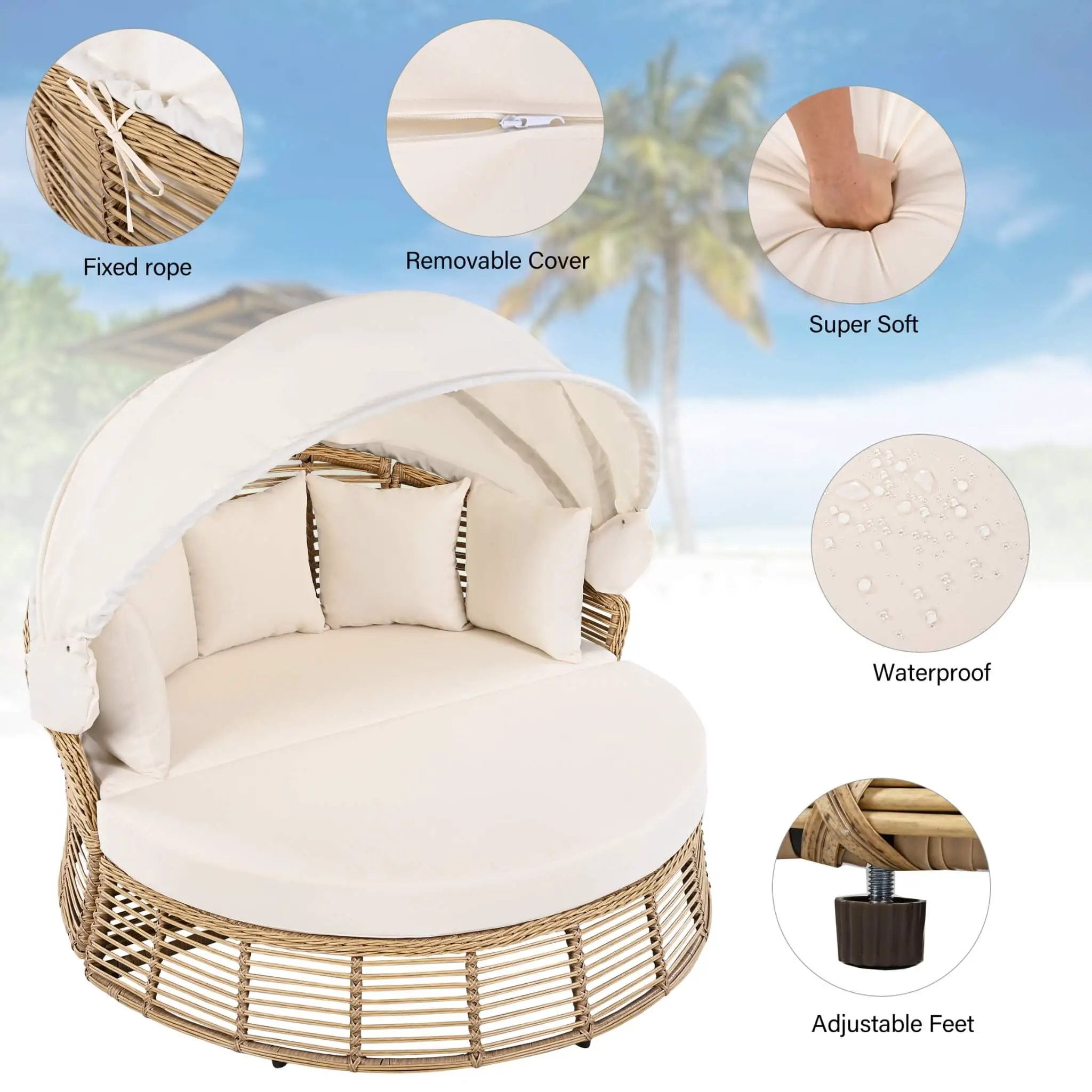 Alora 53-Inch Outdoor Patio Rattan Round Wicker Daybed With Retractable Canopy (SAK69241) by SAKSBY WHOLESALE
