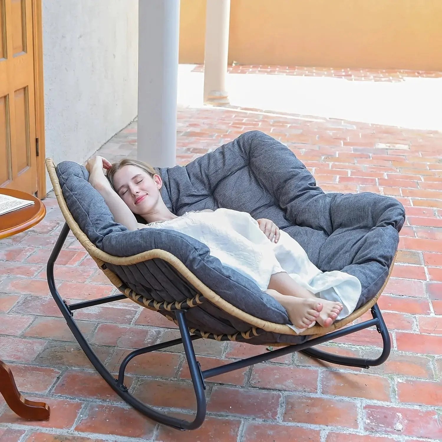 Outdoor Patio Rocking Chair, Royal Papasan Chair, Extra Large Outdoor Lounge Chair with Front Porch Cushion, Suitable for Living Room, Patio, Garden, Courtyard, Outdoor Chair, Patio Furniture, Outdoor Rocking Chair with Big C by House Of Avana