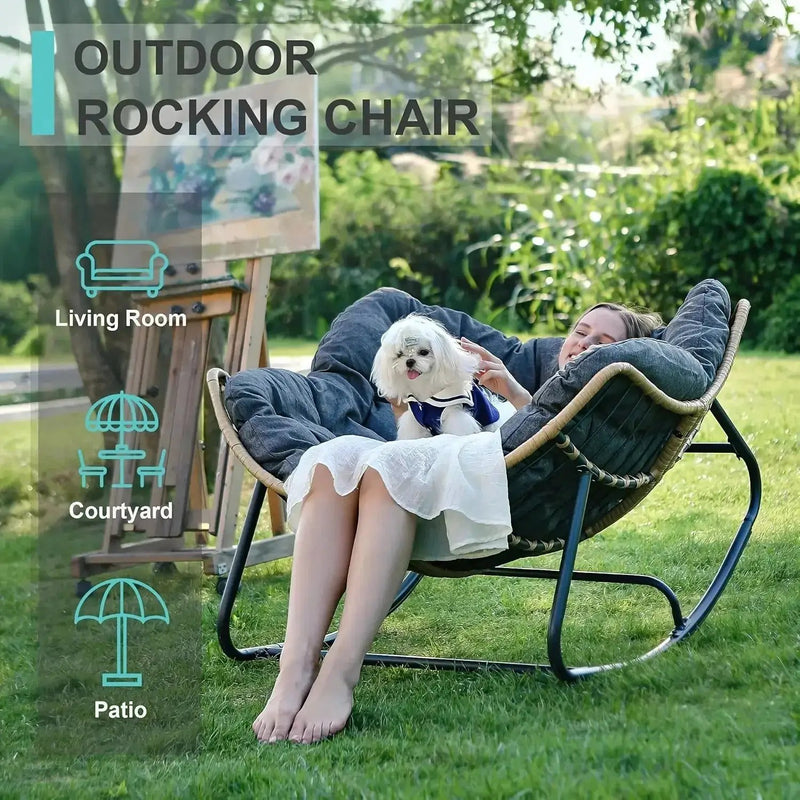 Outdoor Patio Rocking Chair, Royal Papasan Chair, Extra Large Outdoor Lounge Chair with Front Porch Cushion, Suitable for Living Room, Patio, Garden, Courtyard, Outdoor Chair, Patio Furniture, Outdoor Rocking Chair with Big C by House Of Avana