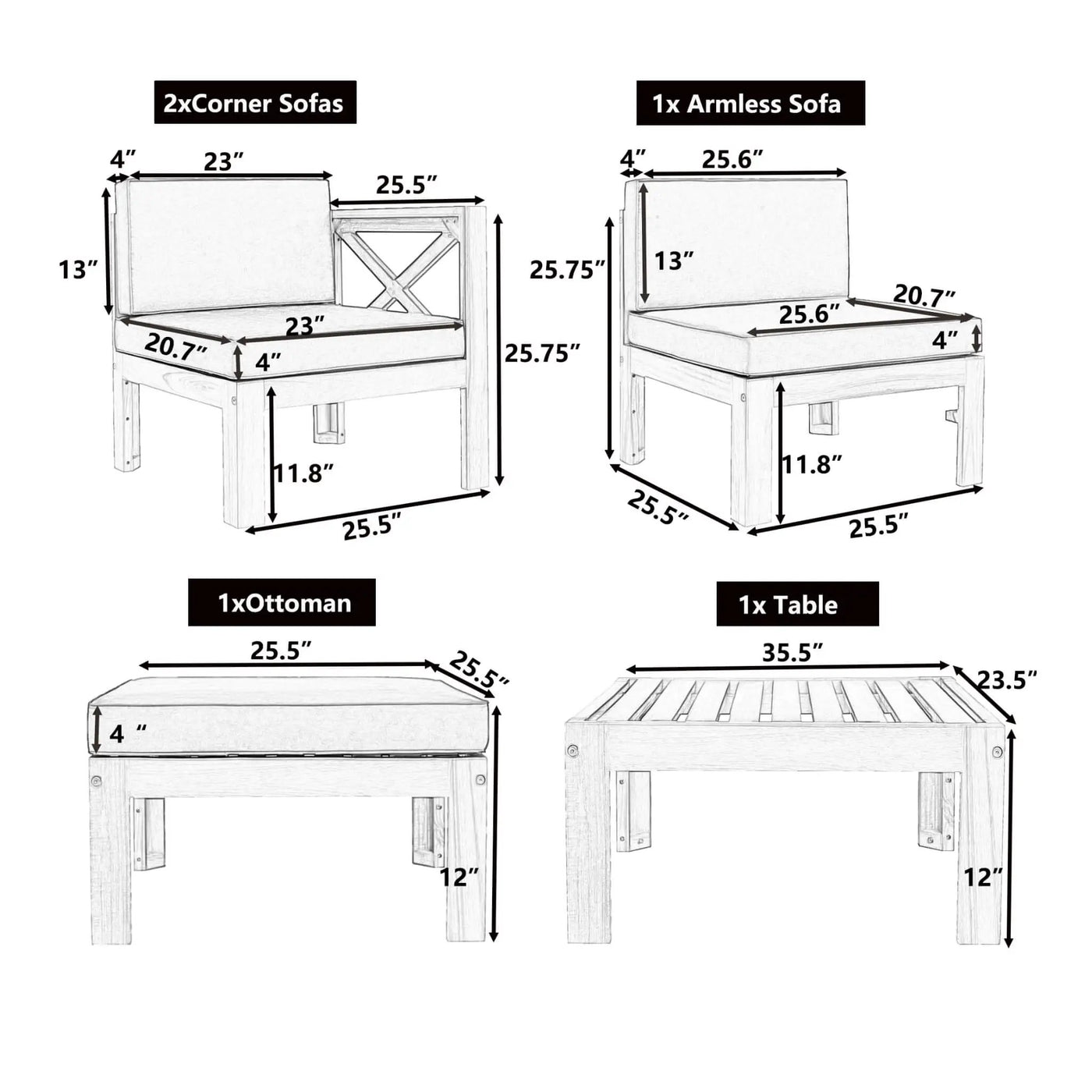 Alora 5-Piece Outdoor Patio Wood Sectional Sofa Set With Cushions (SAK31297) by SAKSBY WHOLESALE