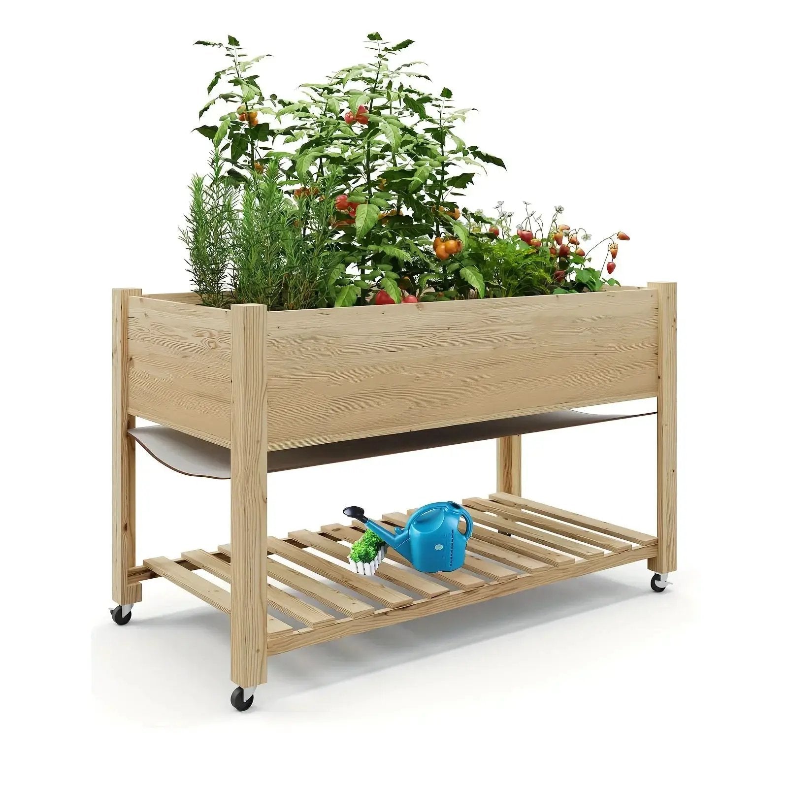 Outdoor Raised Garden Beds with Lockable Wheels Elevated Wooden Growing Bed for Flowers, Vegetables, Planter Box with Legs & Storage Shelf for Backyard, Patio, Balcony, Wooden Garden Bed, Round Raised Garden Bed, Narrow Garde by House Of Avana