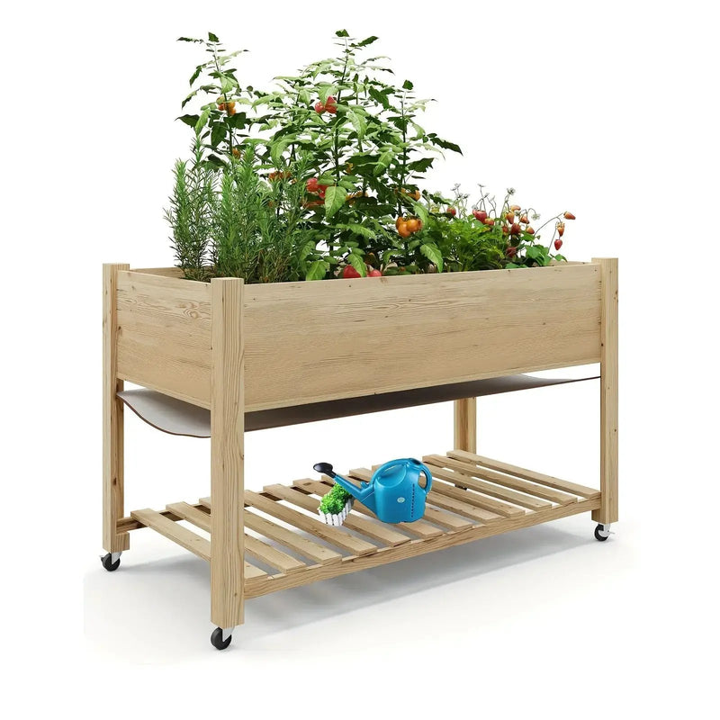 Outdoor Raised Garden Beds with Lockable Wheels Elevated Wooden Growing Bed for Flowers, Vegetables, Planter Box with Legs & Storage Shelf for Backyard, Patio, Balcony, Wooden Garden Bed, Round Raised Garden Bed, Narrow Garde by House Of Avana