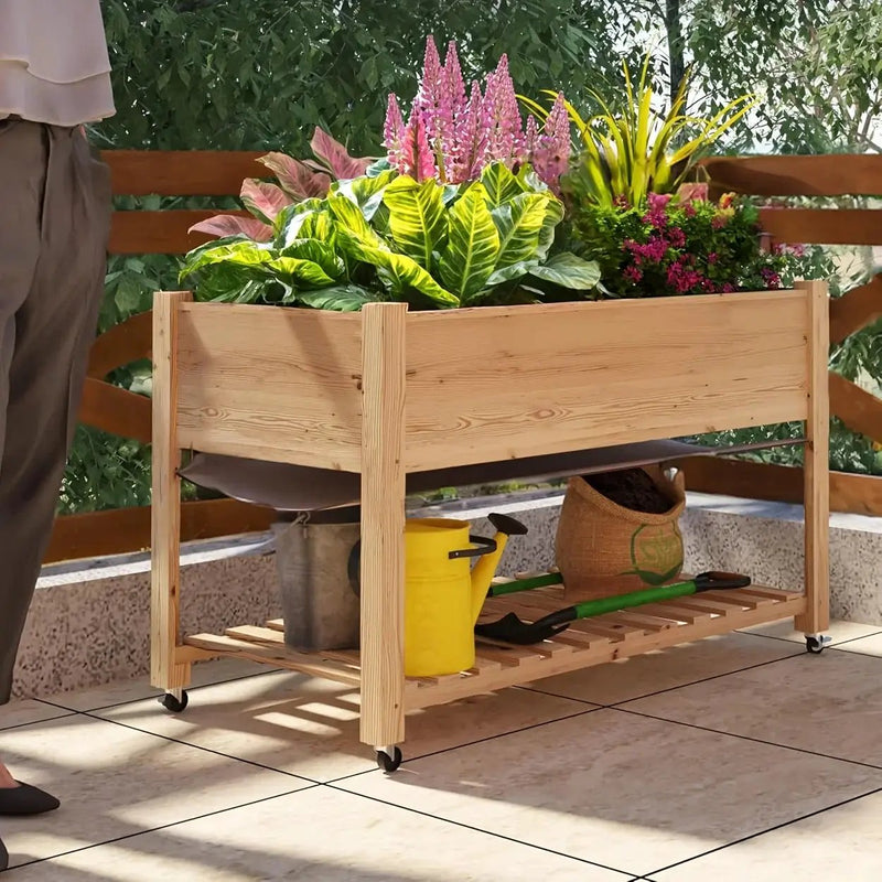 Outdoor Raised Garden Beds with Lockable Wheels Elevated Wooden Growing Bed for Flowers, Vegetables, Planter Box with Legs & Storage Shelf for Backyard, Patio, Balcony, Wooden Garden Bed, Round Raised Garden Bed, Narrow Garde by House Of Avana