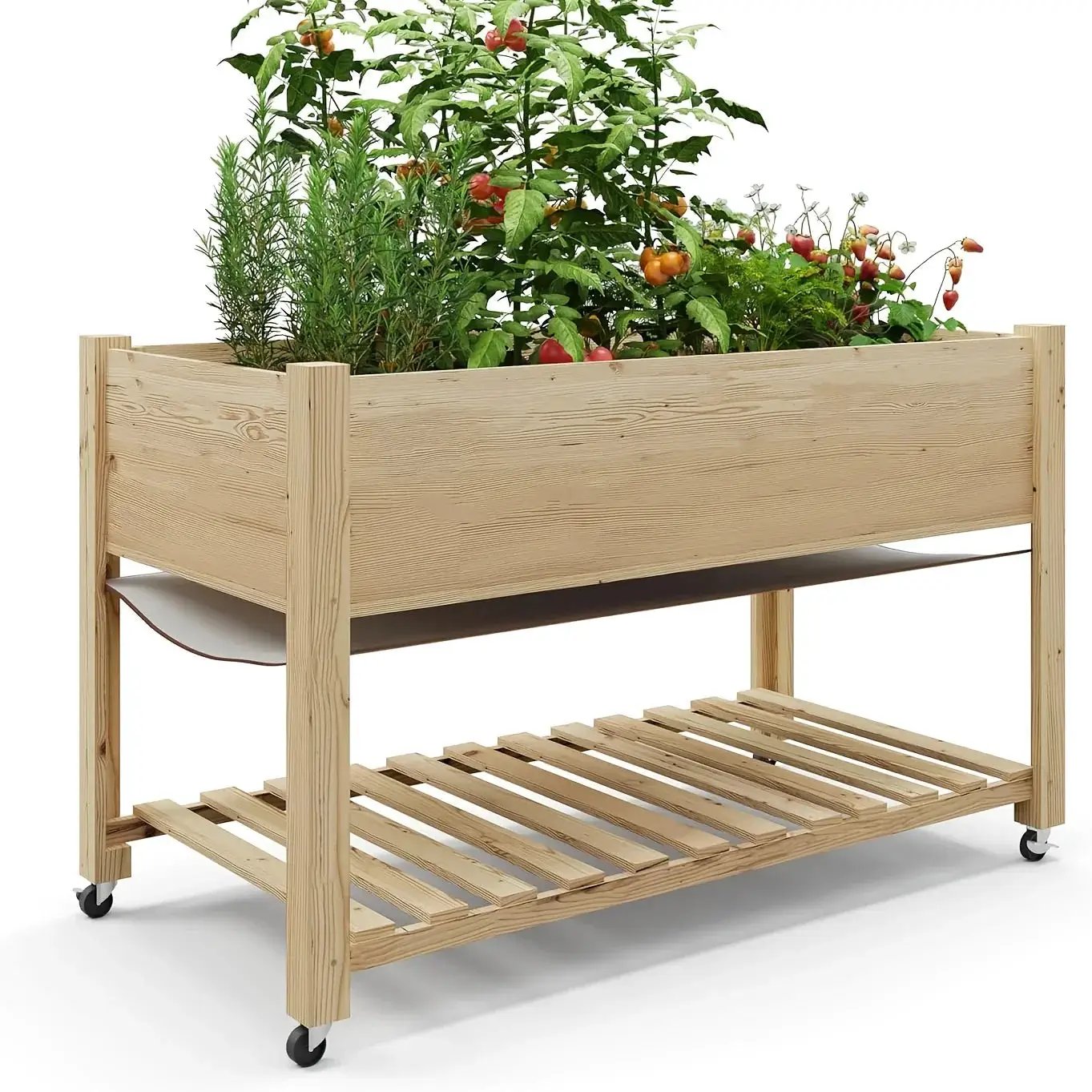 Outdoor Raised Garden Beds with Lockable Wheels Elevated Wooden Growing Bed for Flowers, Vegetables, Planter Box with Legs & Storage Shelf for Backyard, Patio, Balcony, Wooden Garden Bed, Round Raised Garden Bed, Narrow Garde by House Of Avana