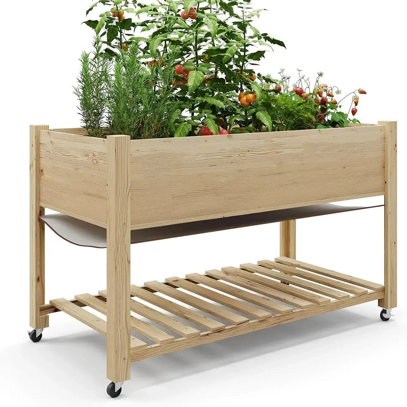 Outdoor Raised Garden Beds with Lockable Wheels Elevated Wooden Growing Bed for Flowers, Vegetables, Planter Box with Legs & Storage Shelf for Backyard, Patio, Balcony, Wooden Garden Bed, Round Raised Garden Bed, Narrow Garde by House Of Avana