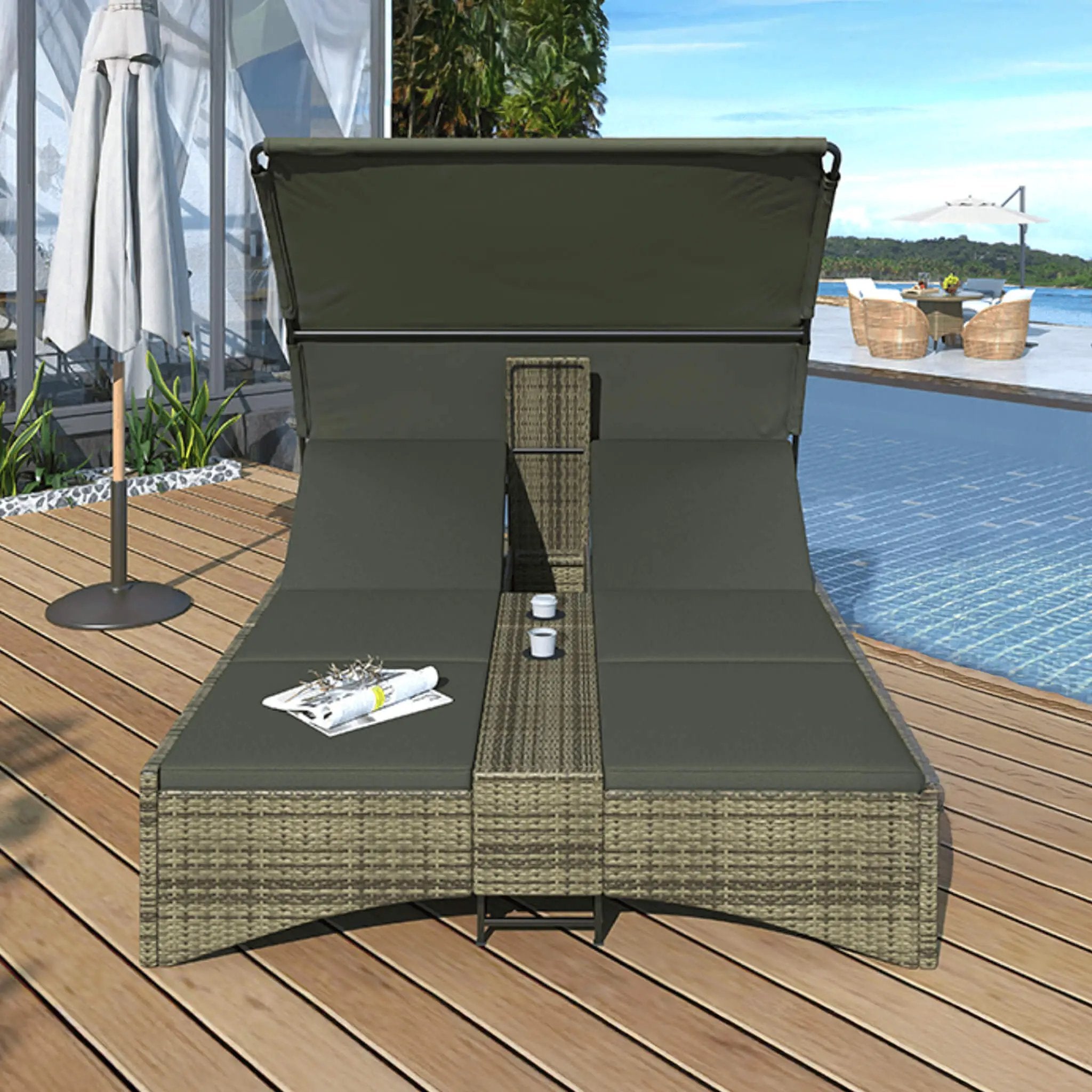 Alora Outdoor Rattan Patio Daybed With Adjustable Backrest, Canopy Roof, Storage Box And Cup Holders (SAK54220) by SAKSBY WHOLESALE