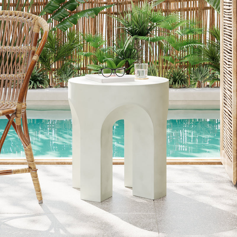 Outdoor Round Top Side Table with Lightweight Concrete Construction - Antique White, photo 2 of 11