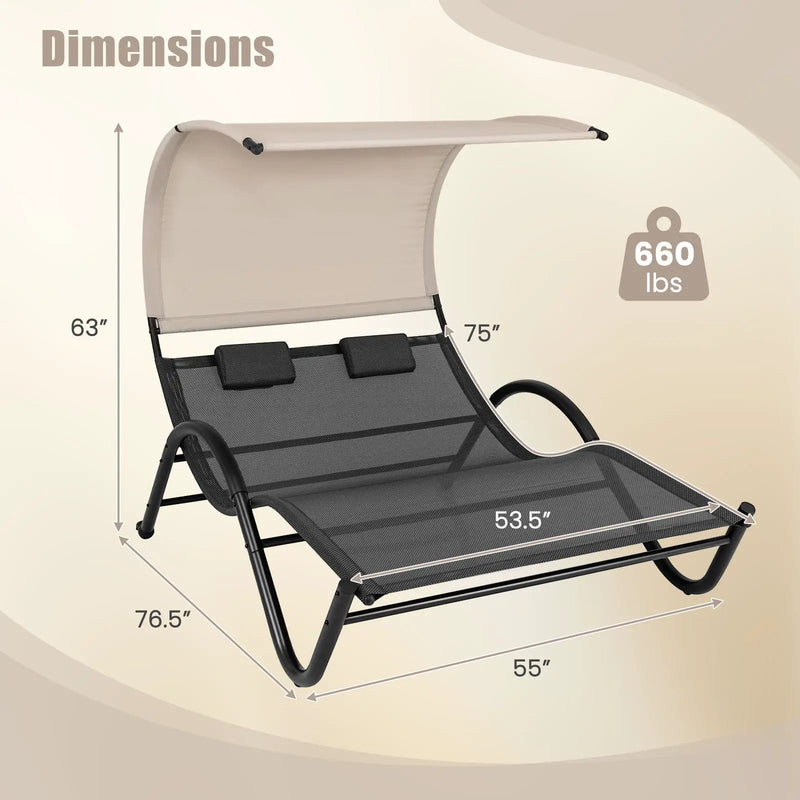 Outdoor Double Chaise Lounge Chair with Sunshade Canopy and Headrest Pillows-Black by DirectDeals