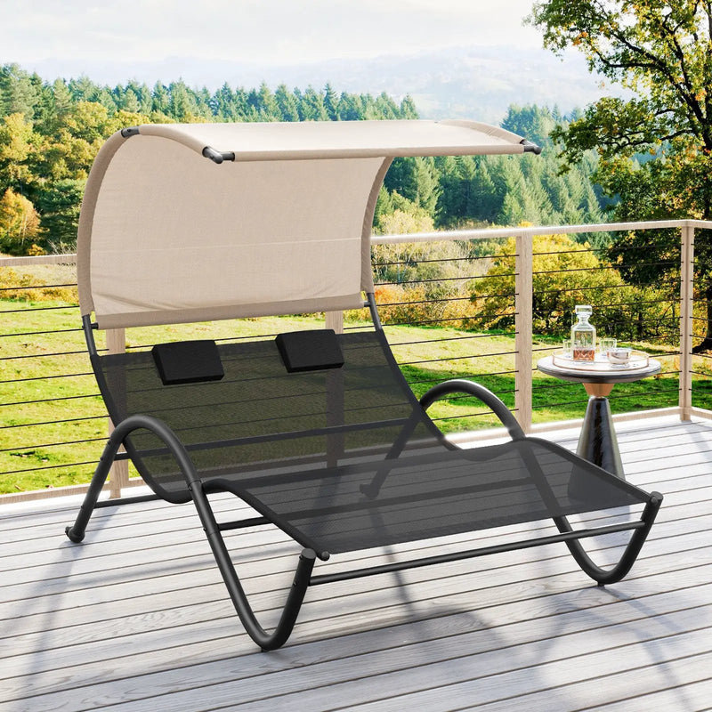 Outdoor Double Chaise Lounge Chair with Sunshade Canopy and Headrest Pillows-Black by DirectDeals