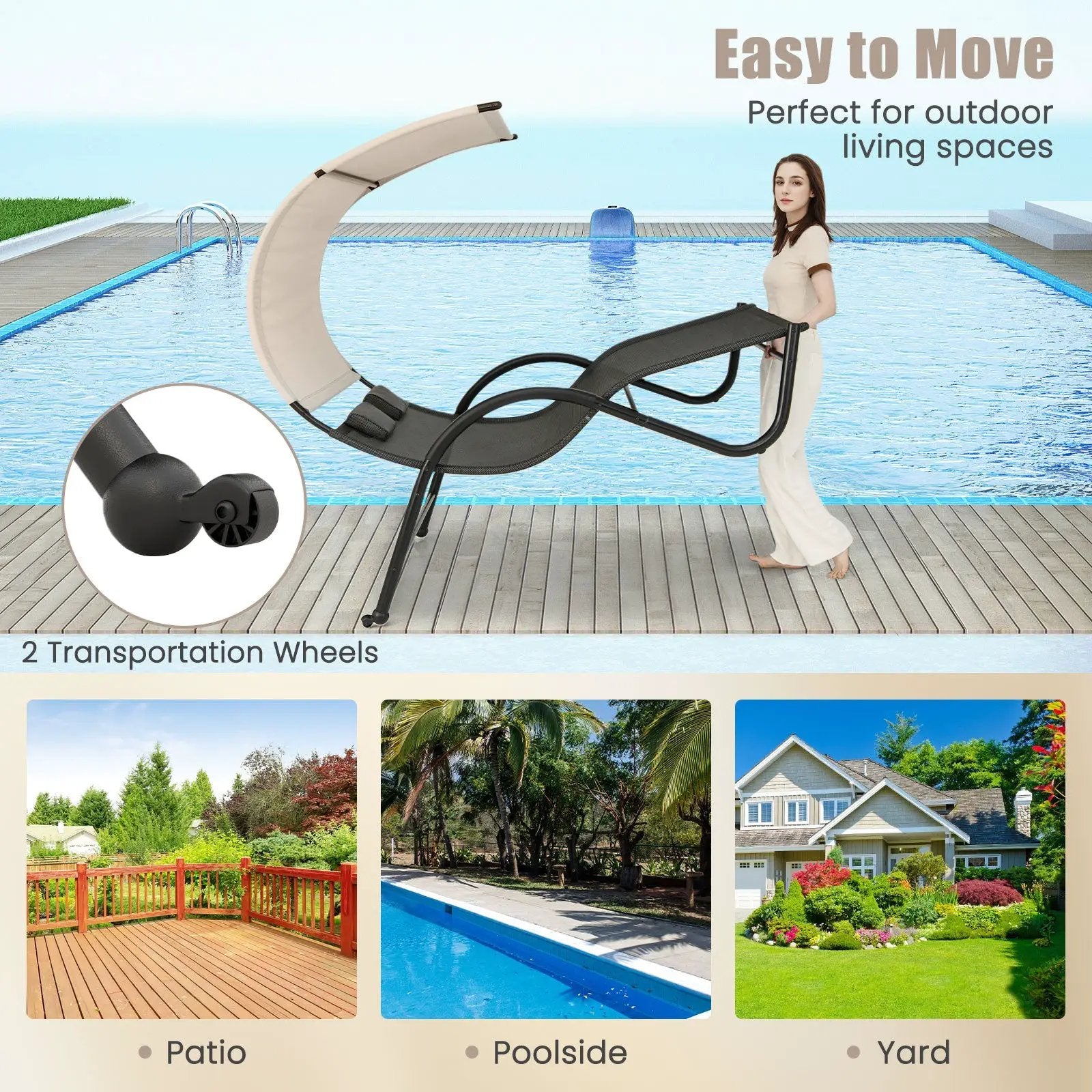 Outdoor Double Chaise Lounge Chair with Sunshade Canopy and Headrest Pillows-Black by DirectDeals