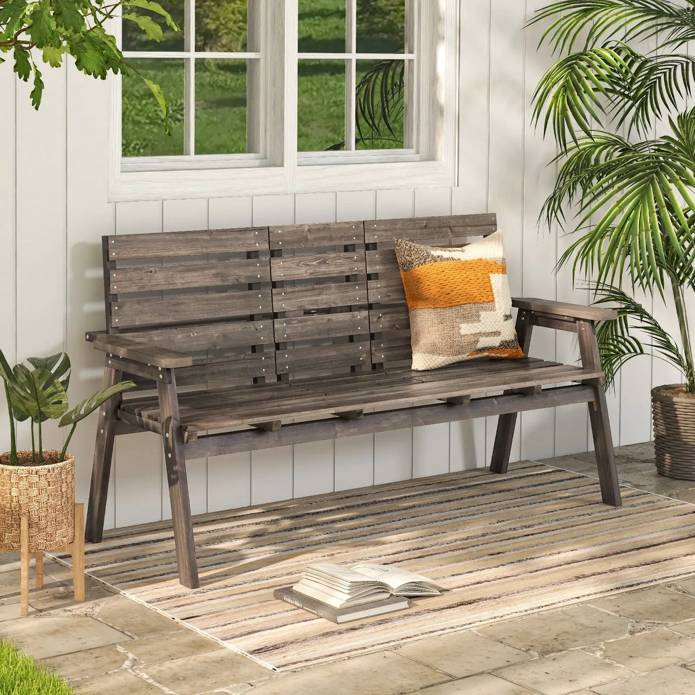 Outdoor Fir Wood Bench with Foldable Middle Table by DirectDeals