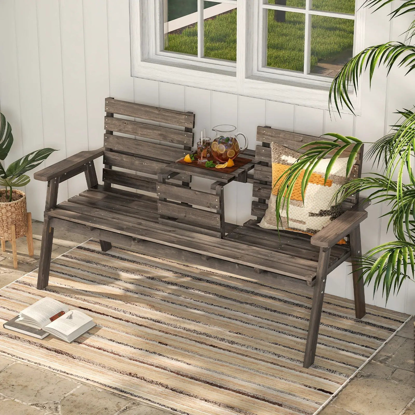 Outdoor Fir Wood Bench with Foldable Middle Table by DirectDeals