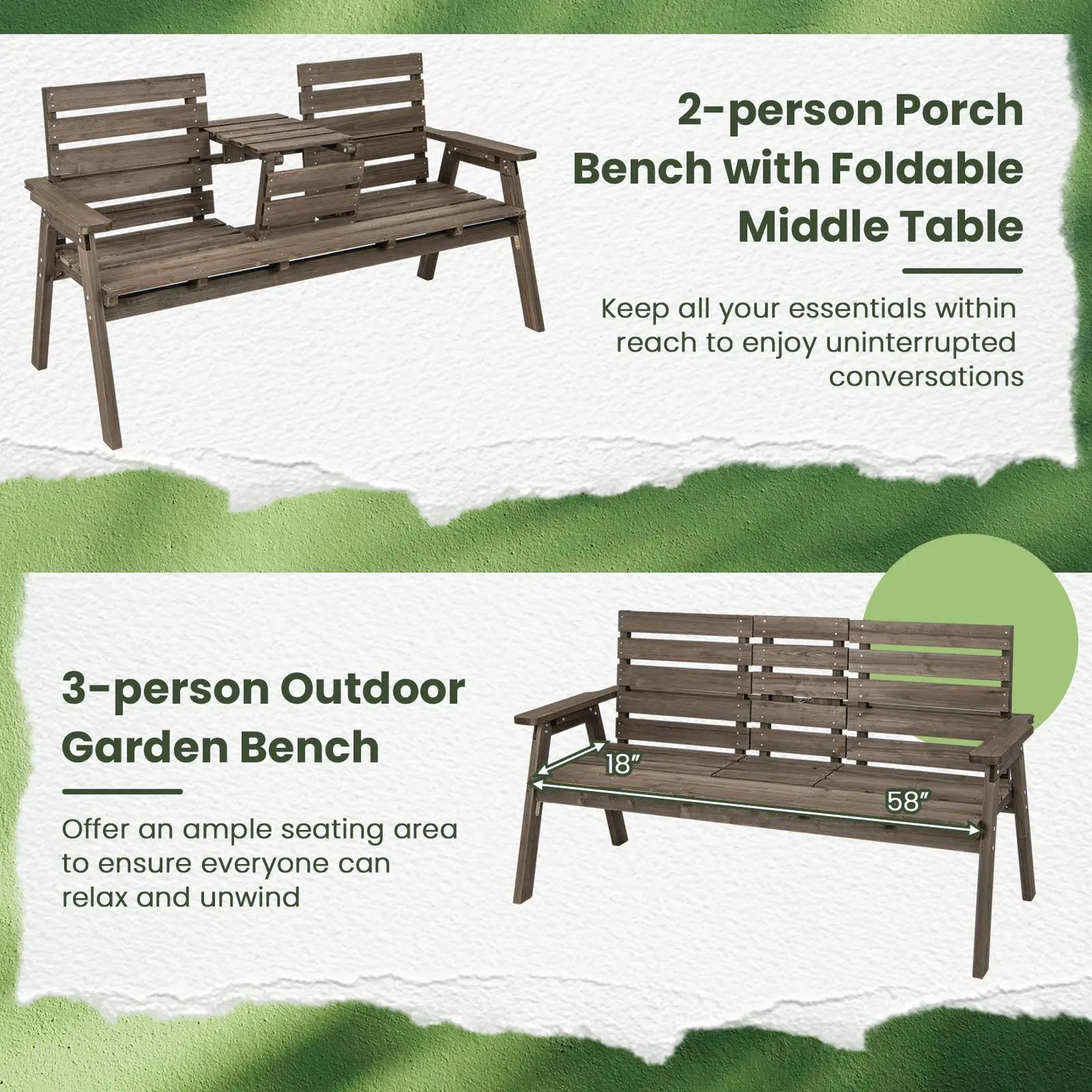 Outdoor Fir Wood Bench with Foldable Middle Table by DirectDeals