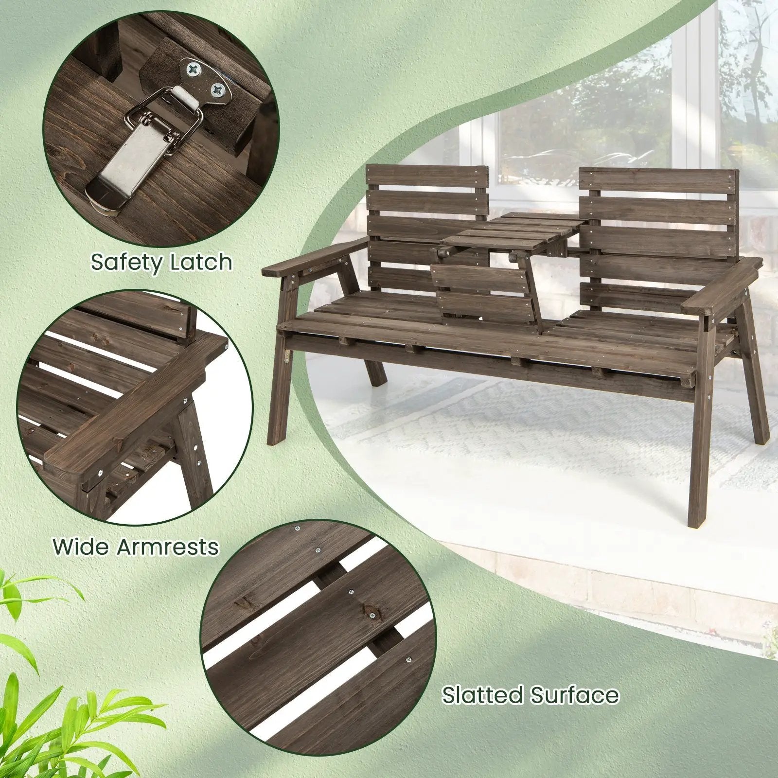 Outdoor Fir Wood Bench with Foldable Middle Table by DirectDeals