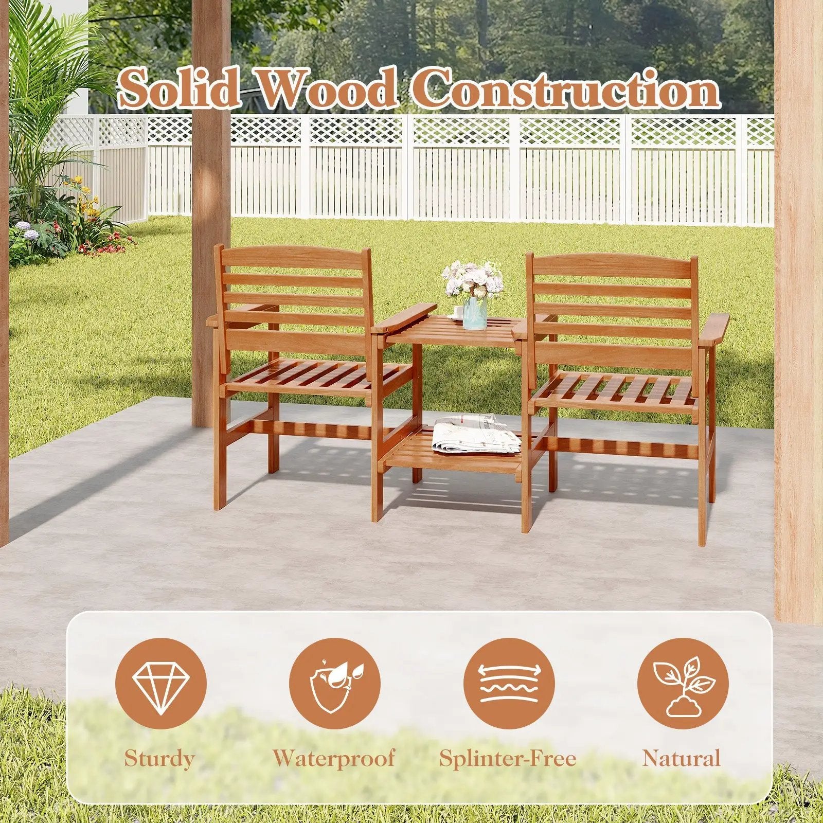 Outdoor Patio Wood 2-Seat Conversation Set with Coffee Table and Umbrella Hole by DirectDeals