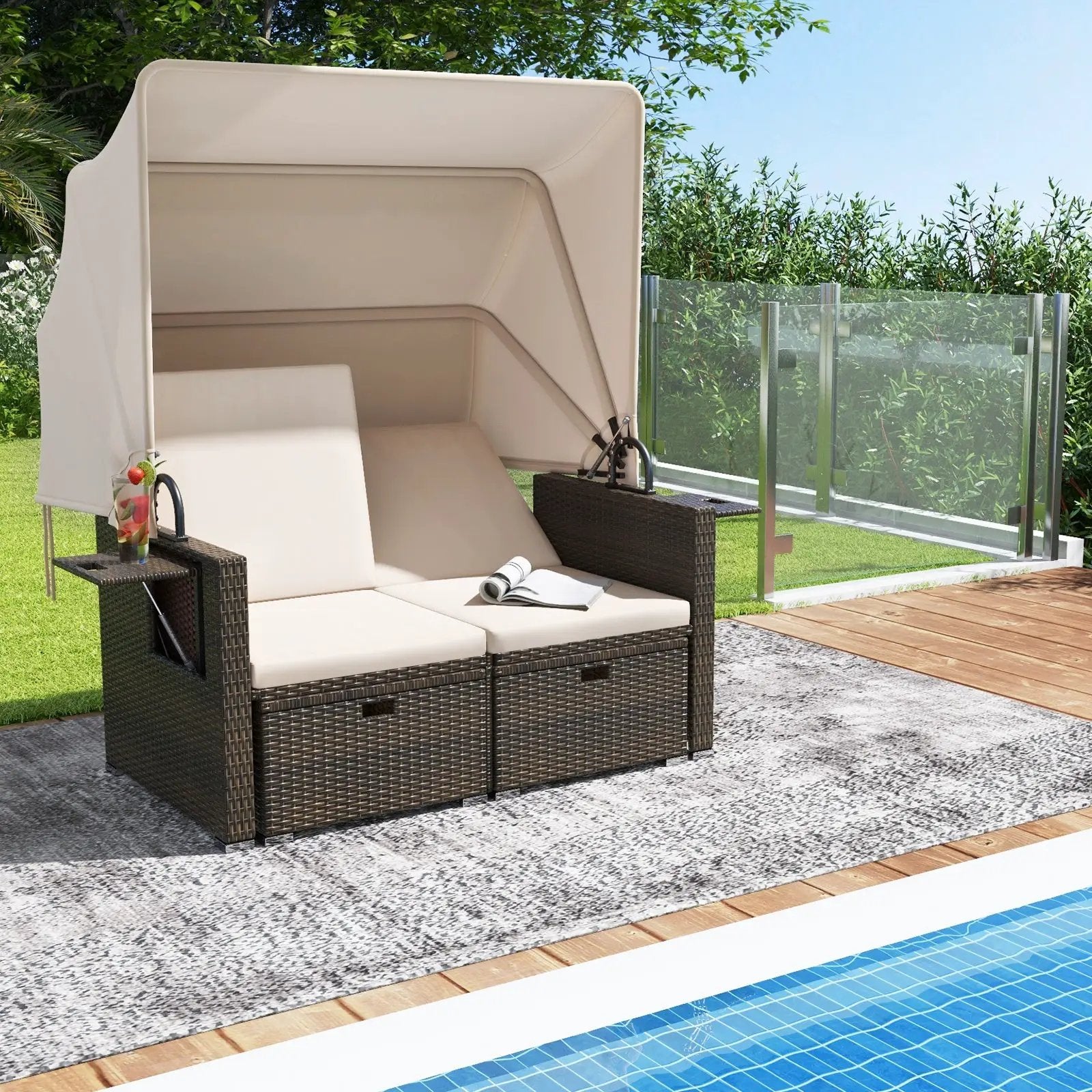 Outdoor Patio Rattan Daybed with Retractable Canopy and Adjustable Backrests by DirectDeals
