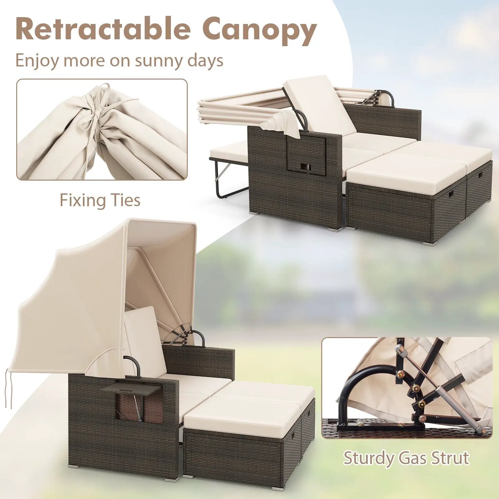 Outdoor Patio Rattan Daybed with Retractable Canopy and Adjustable Backrests by DirectDeals