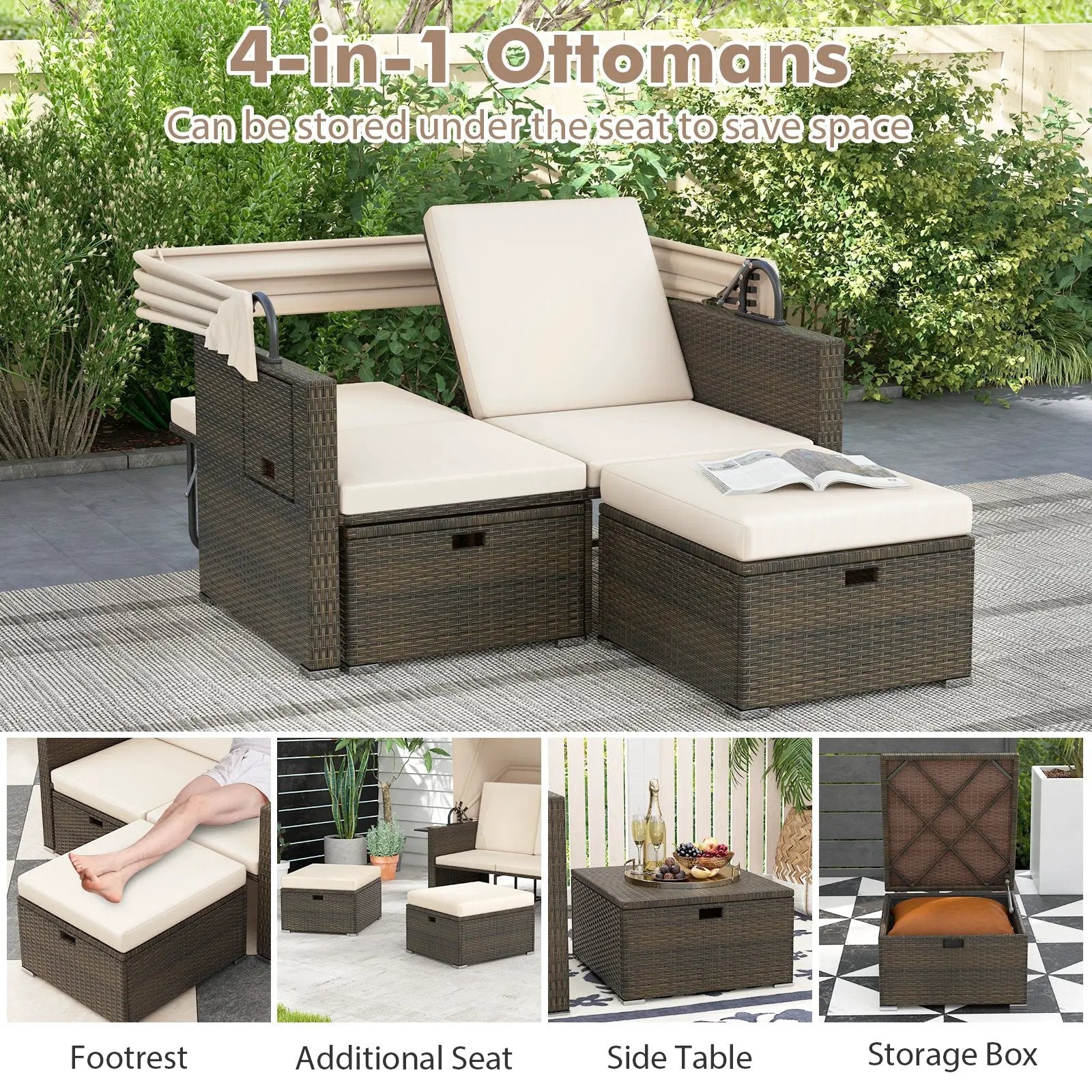 Outdoor Patio Rattan Daybed with Retractable Canopy and Adjustable Backrests by DirectDeals