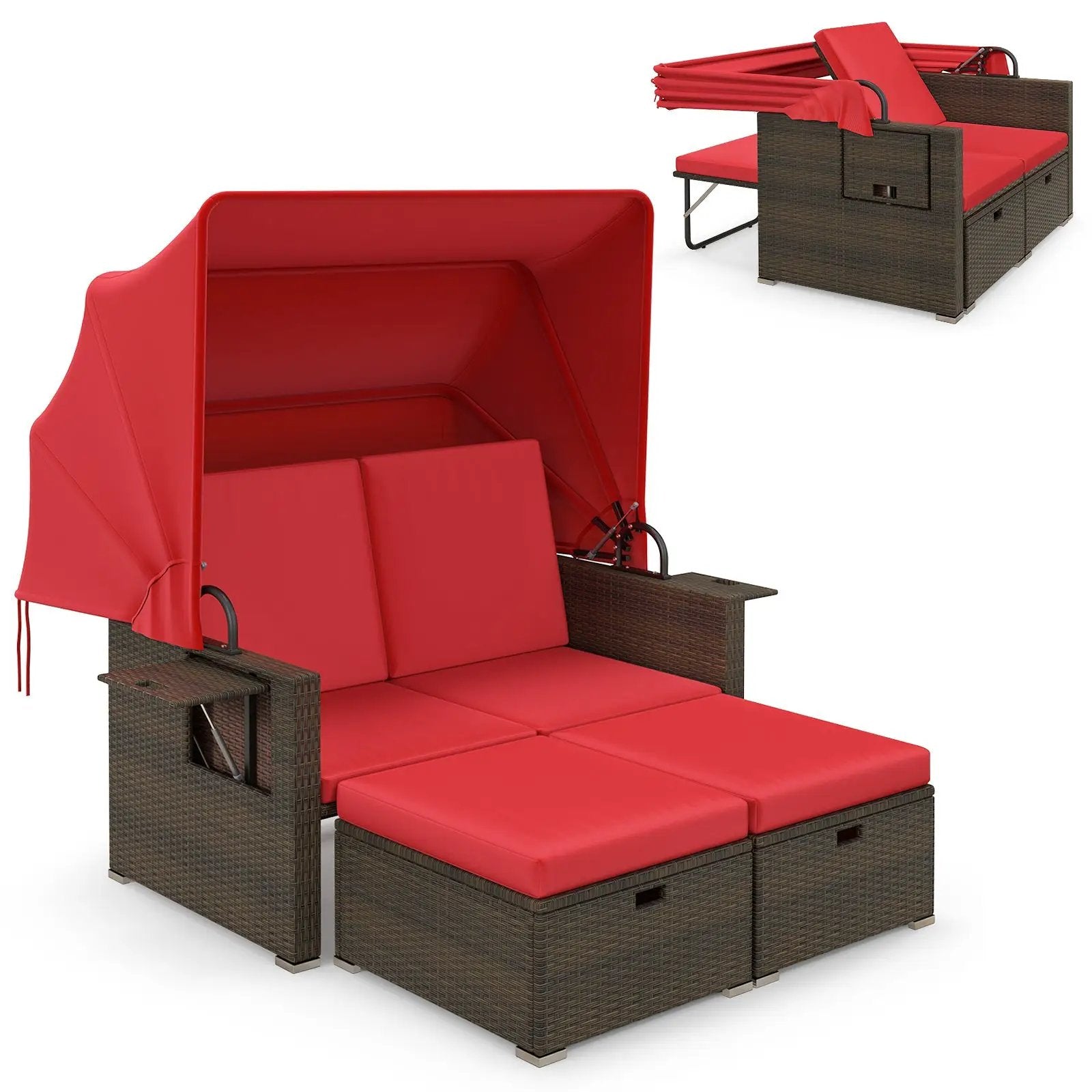 Outdoor Patio Rattan Daybed with Retractable Canopy and Adjustable Backrests by DirectDeals
