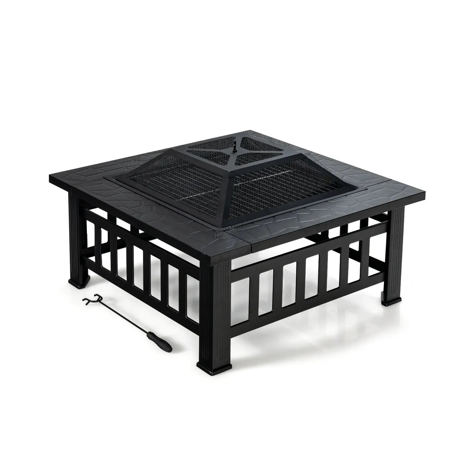 32 Inch 3 in 1 Outdoor Square Fire Pit Table with BBQ Grill and Rain Cover for Camping by DirectDeals