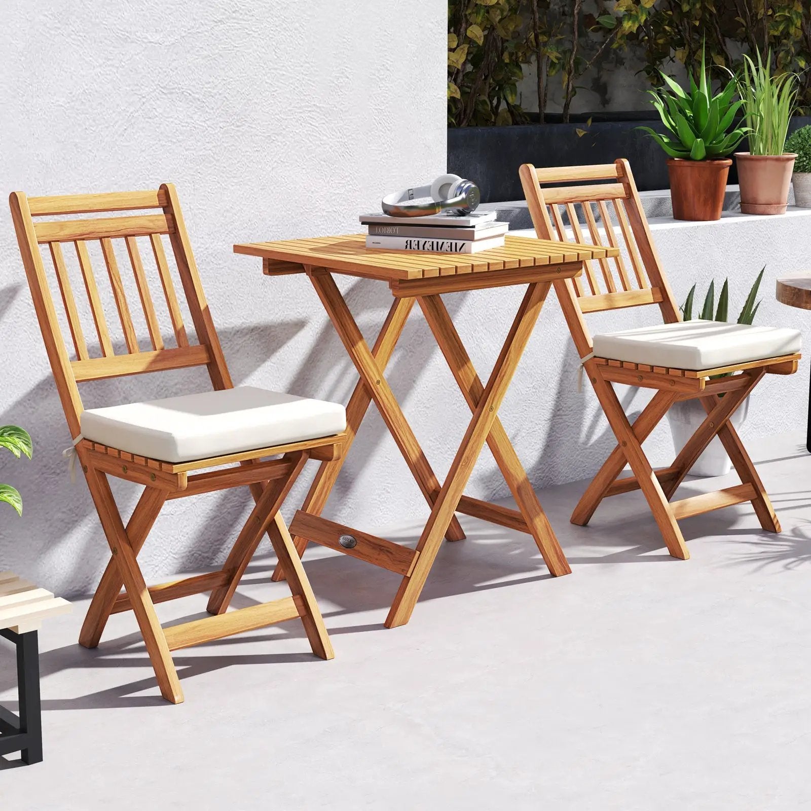 Outdoor Wood Bistro Set with Soft Seat Cushions and Table-White by DirectDeals