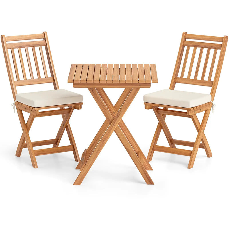 Outdoor Wood Bistro Set with Soft Seat Cushions and Table-White by DirectDeals
