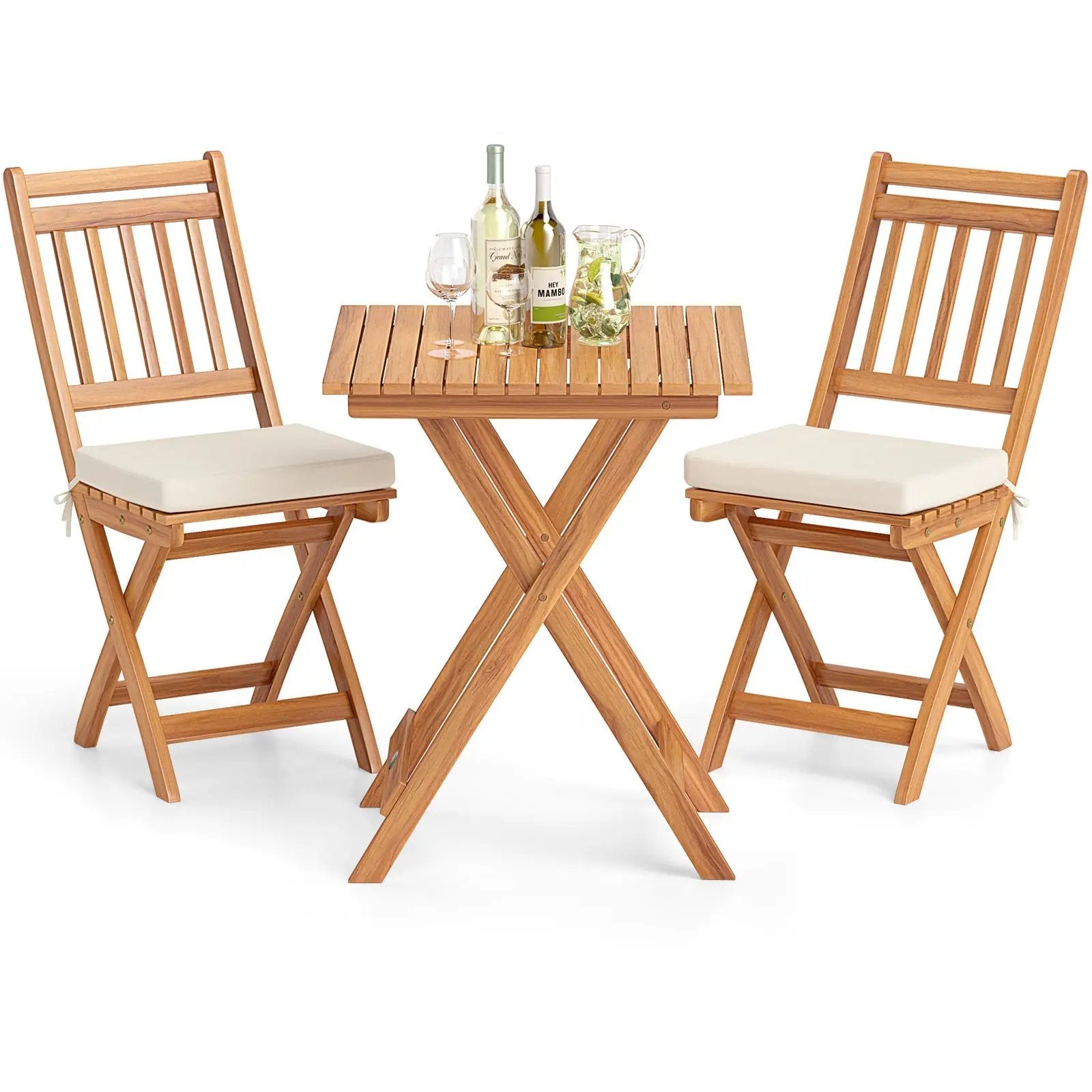 Outdoor Wood Bistro Set with Soft Seat Cushions and Table-White by DirectDeals