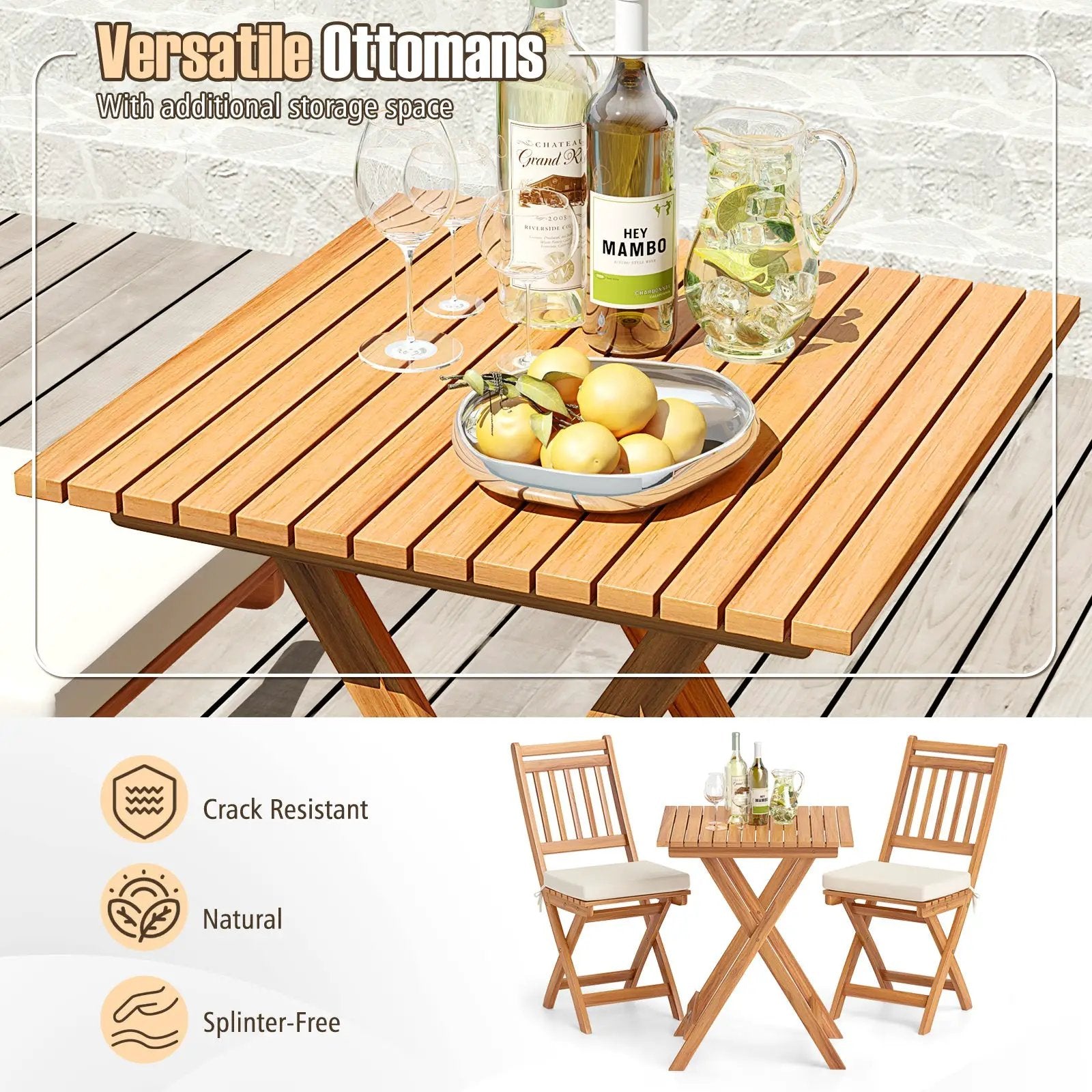 Outdoor Wood Bistro Set with Soft Seat Cushions and Table-White by DirectDeals