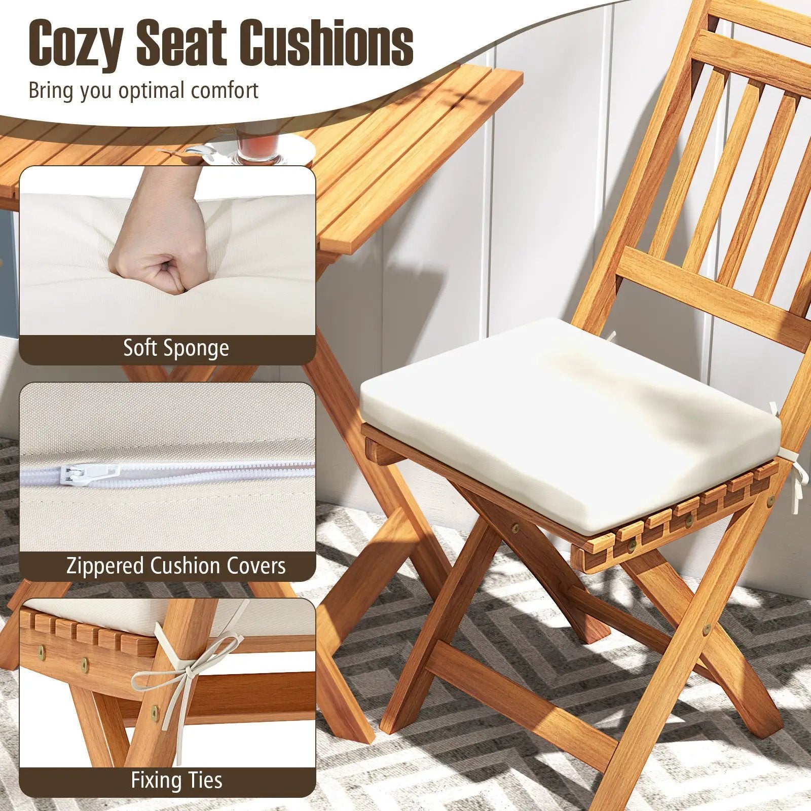 Outdoor Wood Bistro Set with Soft Seat Cushions and Table-White by DirectDeals